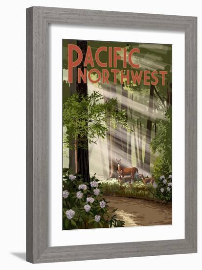 Pacific Northwest - Deer in Forest-Lantern Press-Framed Art Print