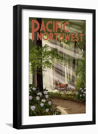 Pacific Northwest - Deer in Forest-Lantern Press-Framed Art Print