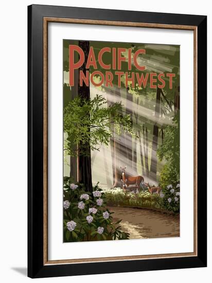 Pacific Northwest - Deer in Forest-Lantern Press-Framed Art Print