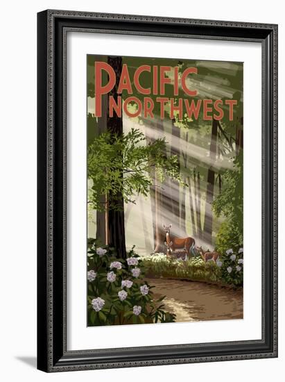 Pacific Northwest - Deer in Forest-Lantern Press-Framed Art Print