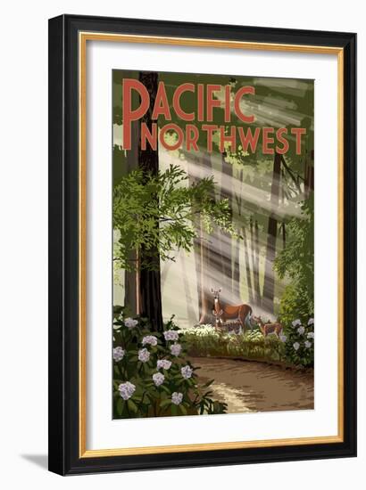 Pacific Northwest - Deer in Forest-Lantern Press-Framed Art Print