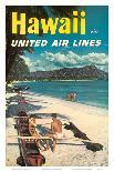 Hawaii - United Air Lines - Couple on Hawaiian Outrigger Canoe (Wa'a)-Pacifica Island Art-Art Print
