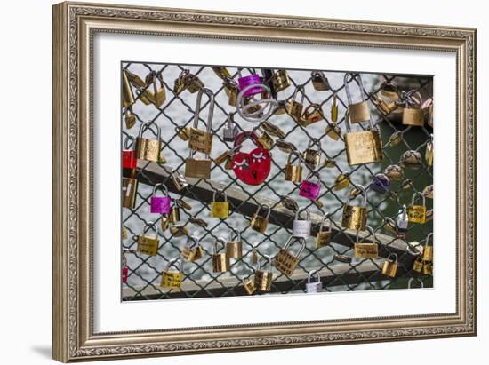 Padlocks Left By Lovers Cover Paris' Pont Des Arts Pedestrian Bridge. Paris, France-Karine Aigner-Framed Photographic Print