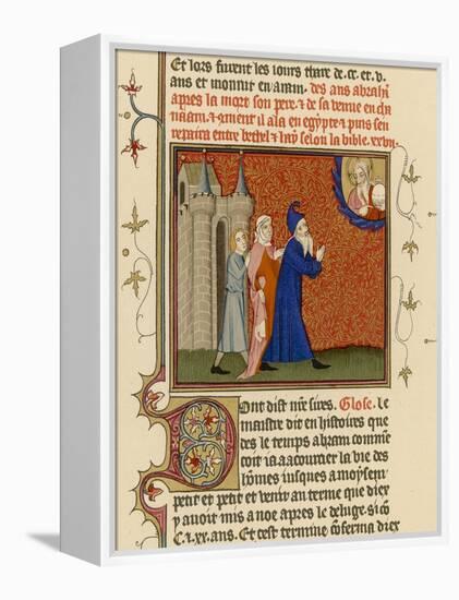 Page from a French Bible History Showing God Telling Abraham What He is to Do-null-Framed Stretched Canvas