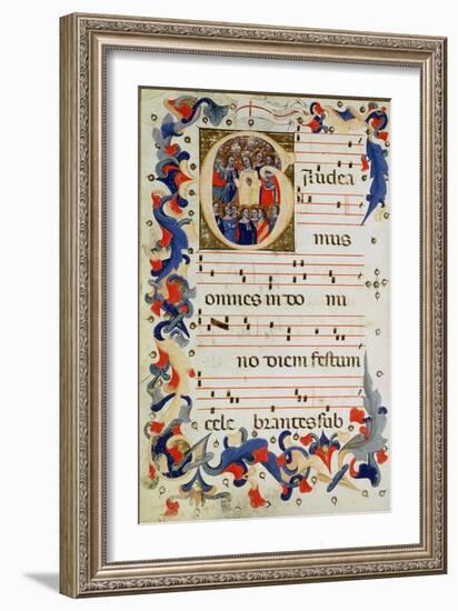 Page of Musical Notation with a Historiated Initial 'G' Depicting a Group of Saints with St. Ursula-Italian-Framed Giclee Print