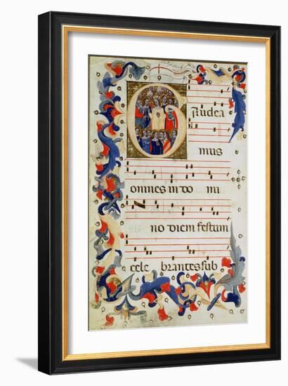 Page of Musical Notation with a Historiated Initial 'G' Depicting a Group of Saints with St. Ursula-Italian-Framed Giclee Print