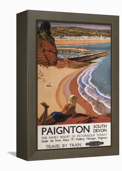 Paignton, England - British Railways Girl Looking over a Cliff Poster-Lantern Press-Framed Stretched Canvas