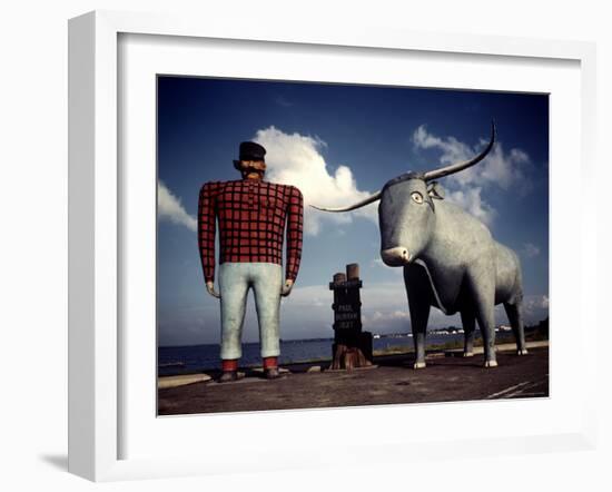 Painted Concrete Sculpture of Paul Bunyon and His Blue Ox, Babe Standing on Shores of Lake Bemidji-Andreas Feininger-Framed Photographic Print