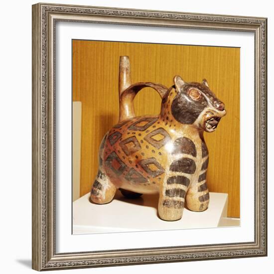 Painted pottery Bridge and Spout vessel in the form of a Jaguar, Tiahuanaco, Peru, 100-600-Unknown-Framed Giclee Print