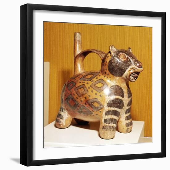 Painted pottery Bridge and Spout vessel in the form of a Jaguar, Tiahuanaco, Peru, 100-600-Unknown-Framed Giclee Print