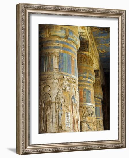 Painted Sunken Relief Carving Adorns Columns in the Mortuary Temple of Ramses Iii on the West Bank -Julian Love-Framed Photographic Print