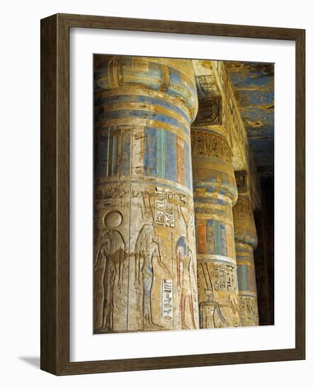 Painted Sunken Relief Carving Adorns Columns in the Mortuary Temple of Ramses Iii on the West Bank -Julian Love-Framed Photographic Print