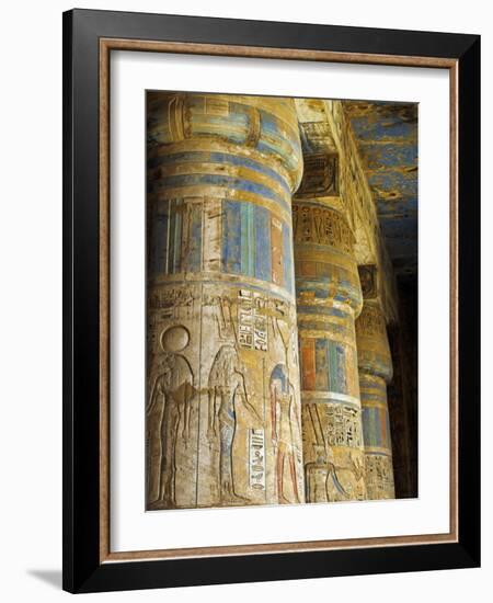 Painted Sunken Relief Carving Adorns Columns in the Mortuary Temple of Ramses Iii on the West Bank -Julian Love-Framed Photographic Print