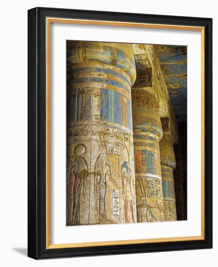 Painted Sunken Relief Carving Adorns Columns in the Mortuary Temple of Ramses Iii on the West Bank -Julian Love-Framed Photographic Print