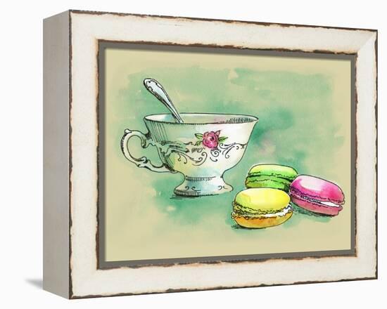 Painted Watercolor French Dessert Macaroons and a Cup of Tea-lozas-Framed Stretched Canvas