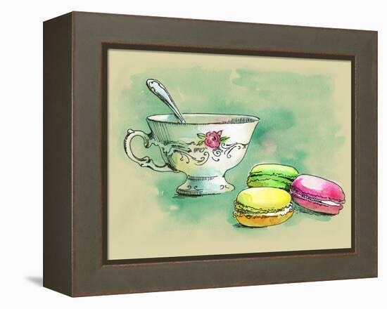 Painted Watercolor French Dessert Macaroons and a Cup of Tea-lozas-Framed Stretched Canvas