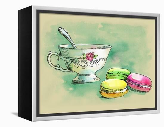 Painted Watercolor French Dessert Macaroons and a Cup of Tea-lozas-Framed Stretched Canvas