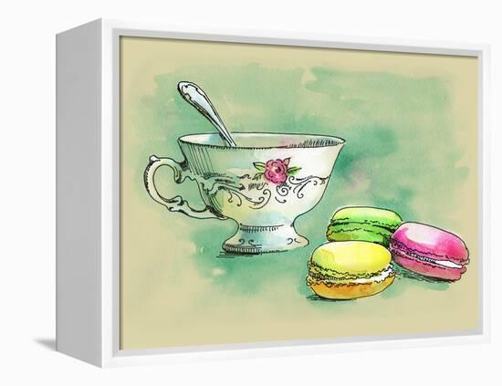 Painted Watercolor French Dessert Macaroons and a Cup of Tea-lozas-Framed Stretched Canvas