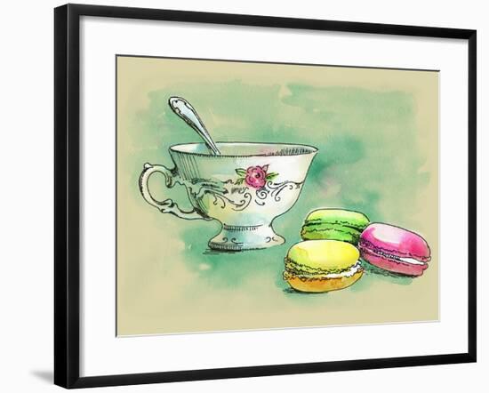 Painted Watercolor French Dessert Macaroons and a Cup of Tea-lozas-Framed Art Print