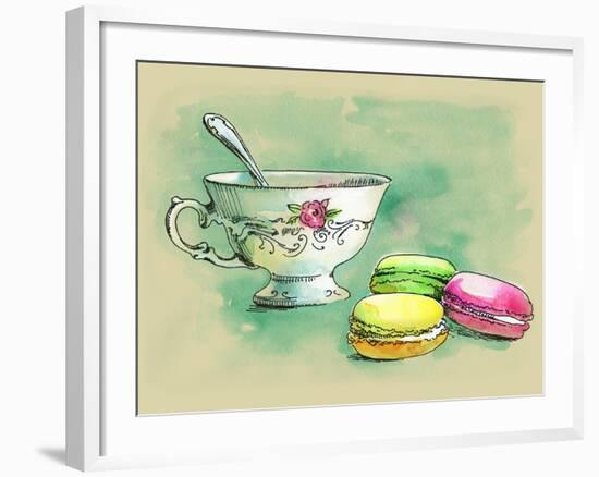 Painted Watercolor French Dessert Macaroons and a Cup of Tea-lozas-Framed Art Print