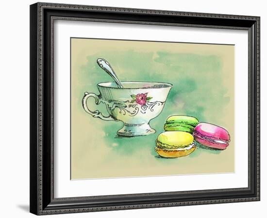 Painted Watercolor French Dessert Macaroons and a Cup of Tea-lozas-Framed Art Print