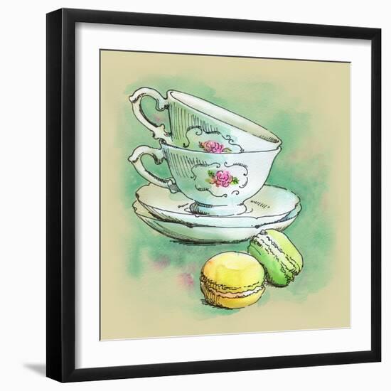 Painted Watercolor French Dessert Macaroons and Tea Cups-lozas-Framed Art Print