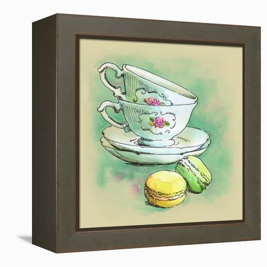 Painted Watercolor French Dessert Macaroons and Tea Cups-lozas-Framed Stretched Canvas