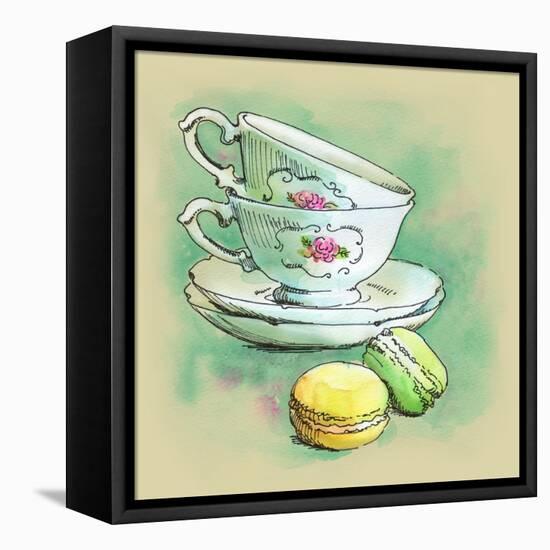 Painted Watercolor French Dessert Macaroons and Tea Cups-lozas-Framed Stretched Canvas