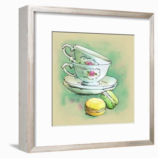 Painted Watercolor French Dessert Macaroons and Tea Cups-lozas-Framed Art Print