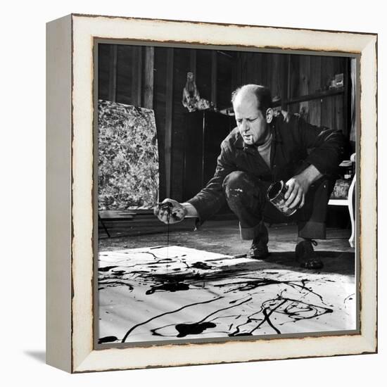 Painter Jackson Pollock Working in His Studio, Cigarette in Mouth, Dropping Paint Onto Canvas-Martha Holmes-Framed Premier Image Canvas