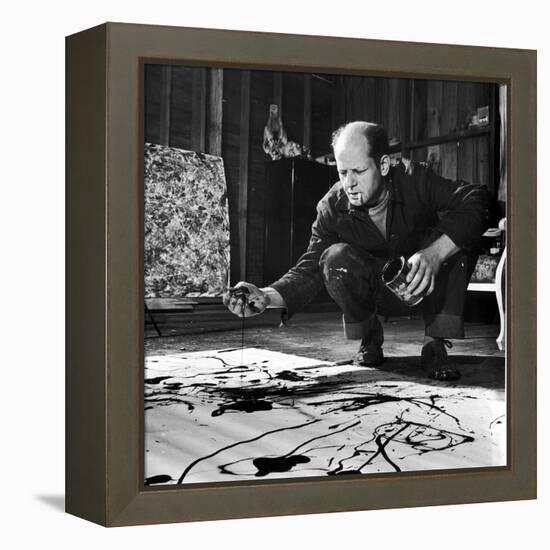 Painter Jackson Pollock Working in His Studio, Cigarette in Mouth, Dropping Paint Onto Canvas-Martha Holmes-Framed Premier Image Canvas