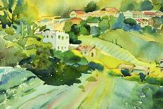 Watercolor Landscape of Village on a Hill-Painterstock-Framed Stretched Canvas