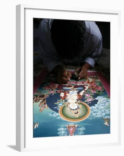 Painting a Thangka Depicting White Tara Goddess, Buddhist Symbol of Long Life, Bhaktapur-Godong-Framed Photographic Print