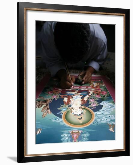 Painting a Thangka Depicting White Tara Goddess, Buddhist Symbol of Long Life, Bhaktapur-Godong-Framed Photographic Print