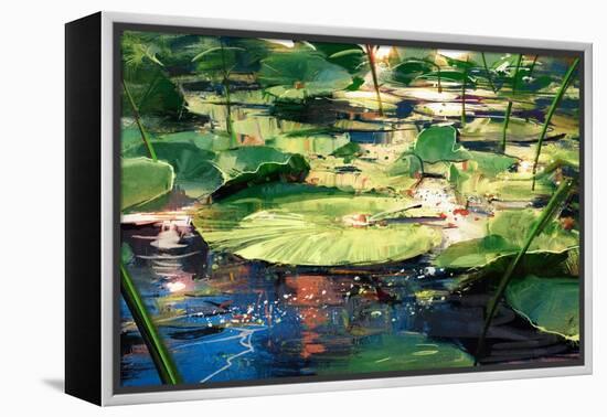 Painting Beautiful Showing Lotus Leaves in Pond,Illustration-Tithi Luadthong-Framed Stretched Canvas