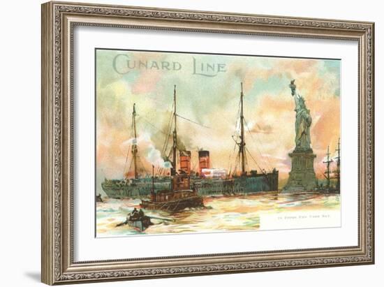 Painting, Cunard Line Ship Passing Statue of Liberty, New York City-null-Framed Art Print