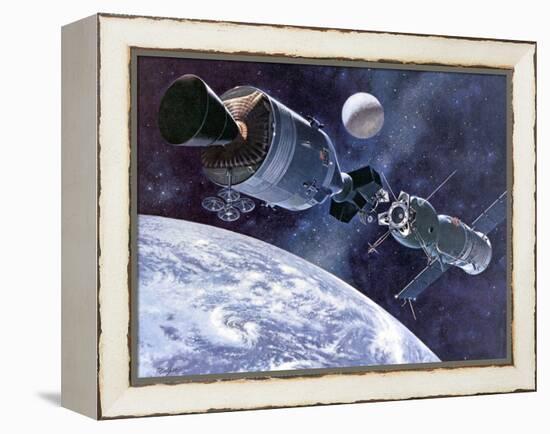 Painting of Apollo-Soyuz Test Project, Docking of US's Apollo Capsule and USSR's Soyuz Spacecraft-null-Framed Stretched Canvas