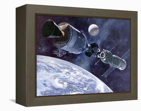 Painting of Apollo-Soyuz Test Project, Docking of US's Apollo Capsule and USSR's Soyuz Spacecraft-null-Framed Stretched Canvas