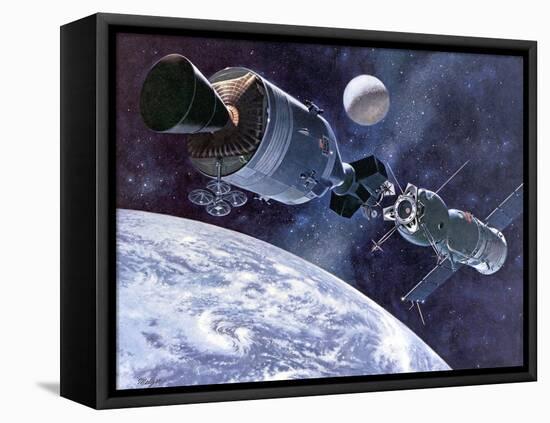 Painting of Apollo-Soyuz Test Project, Docking of US's Apollo Capsule and USSR's Soyuz Spacecraft-null-Framed Stretched Canvas