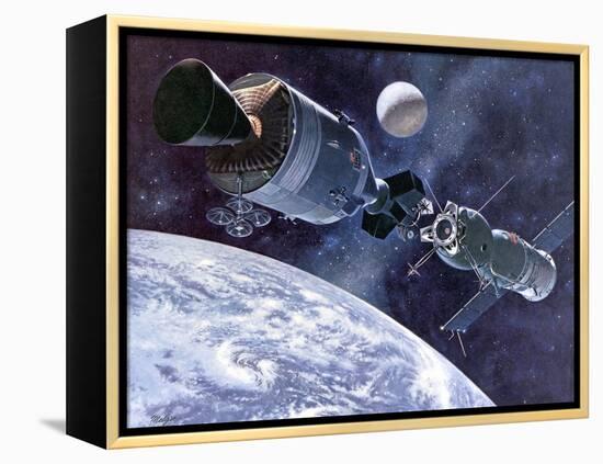 Painting of Apollo-Soyuz Test Project, Docking of US's Apollo Capsule and USSR's Soyuz Spacecraft-null-Framed Stretched Canvas