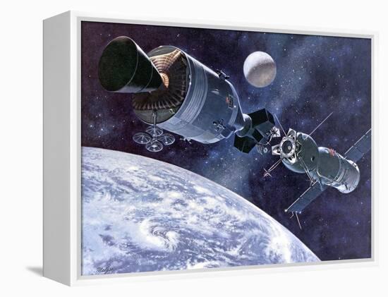 Painting of Apollo-Soyuz Test Project, Docking of US's Apollo Capsule and USSR's Soyuz Spacecraft-null-Framed Stretched Canvas