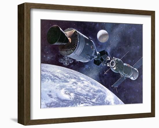 Painting of Apollo-Soyuz Test Project, Docking of US's Apollo Capsule and USSR's Soyuz Spacecraft-null-Framed Photo