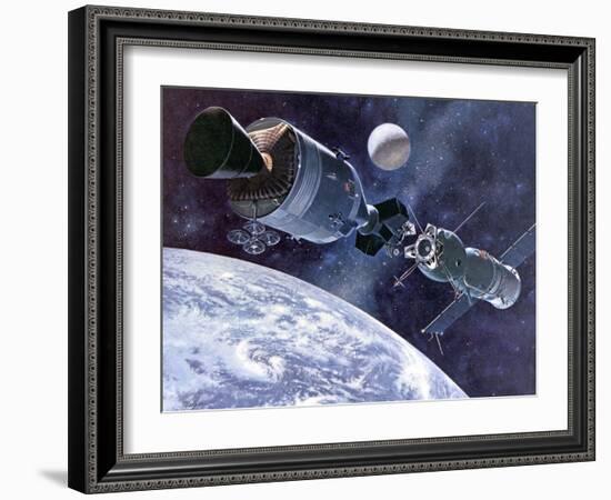 Painting of Apollo-Soyuz Test Project, Docking of US's Apollo Capsule and USSR's Soyuz Spacecraft-null-Framed Photo