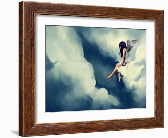 Painting of Beautiful Angel Sitting on a Cloud-Archv-Framed Art Print