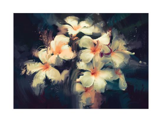 Painting Of Beautiful White Flowers In Dark Background Art Print