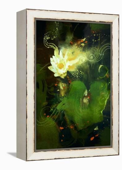 Painting of Beautiful White Lotus Blossom,Single Waterlily Flower Blooming on Pond-Tithi Luadthong-Framed Stretched Canvas