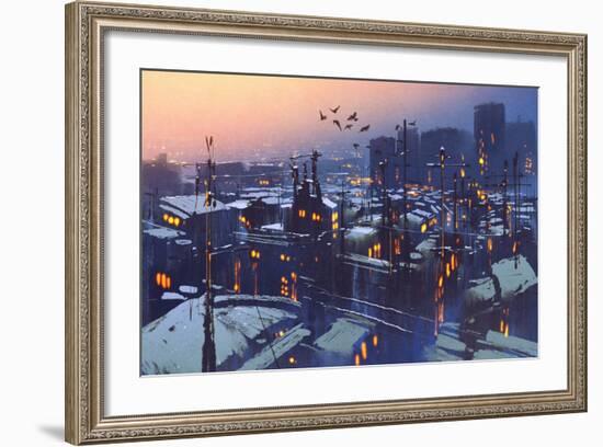 Painting of City Snowy Winter Scene,Rooftops Covered with Snow at Sunset-Tithi Luadthong-Framed Art Print