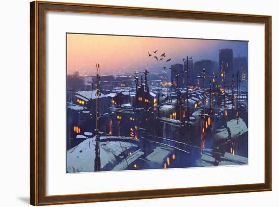 Painting of City Snowy Winter Scene,Rooftops Covered with Snow at Sunset-Tithi Luadthong-Framed Art Print