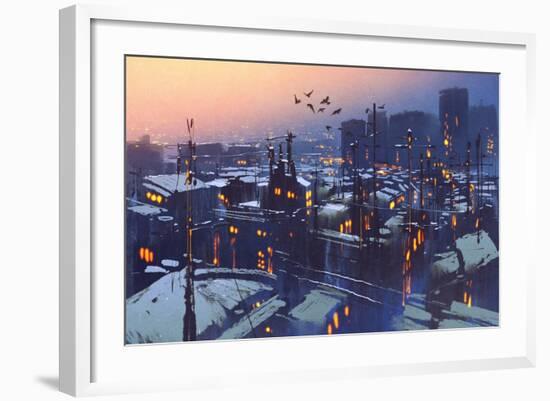 Painting of City Snowy Winter Scene,Rooftops Covered with Snow at Sunset-Tithi Luadthong-Framed Art Print