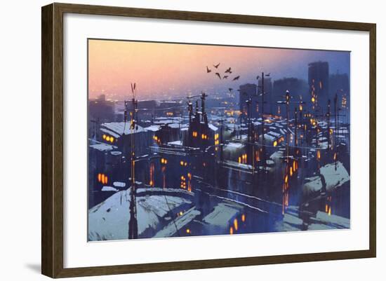 Painting of City Snowy Winter Scene,Rooftops Covered with Snow at Sunset-Tithi Luadthong-Framed Art Print
